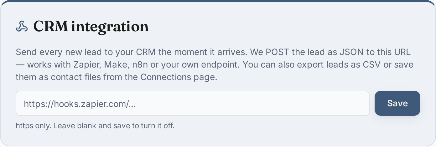 The Pro webhook settings in the dashboard, posting a lead.created event to an https address such as Zapier, Make or a CRM.