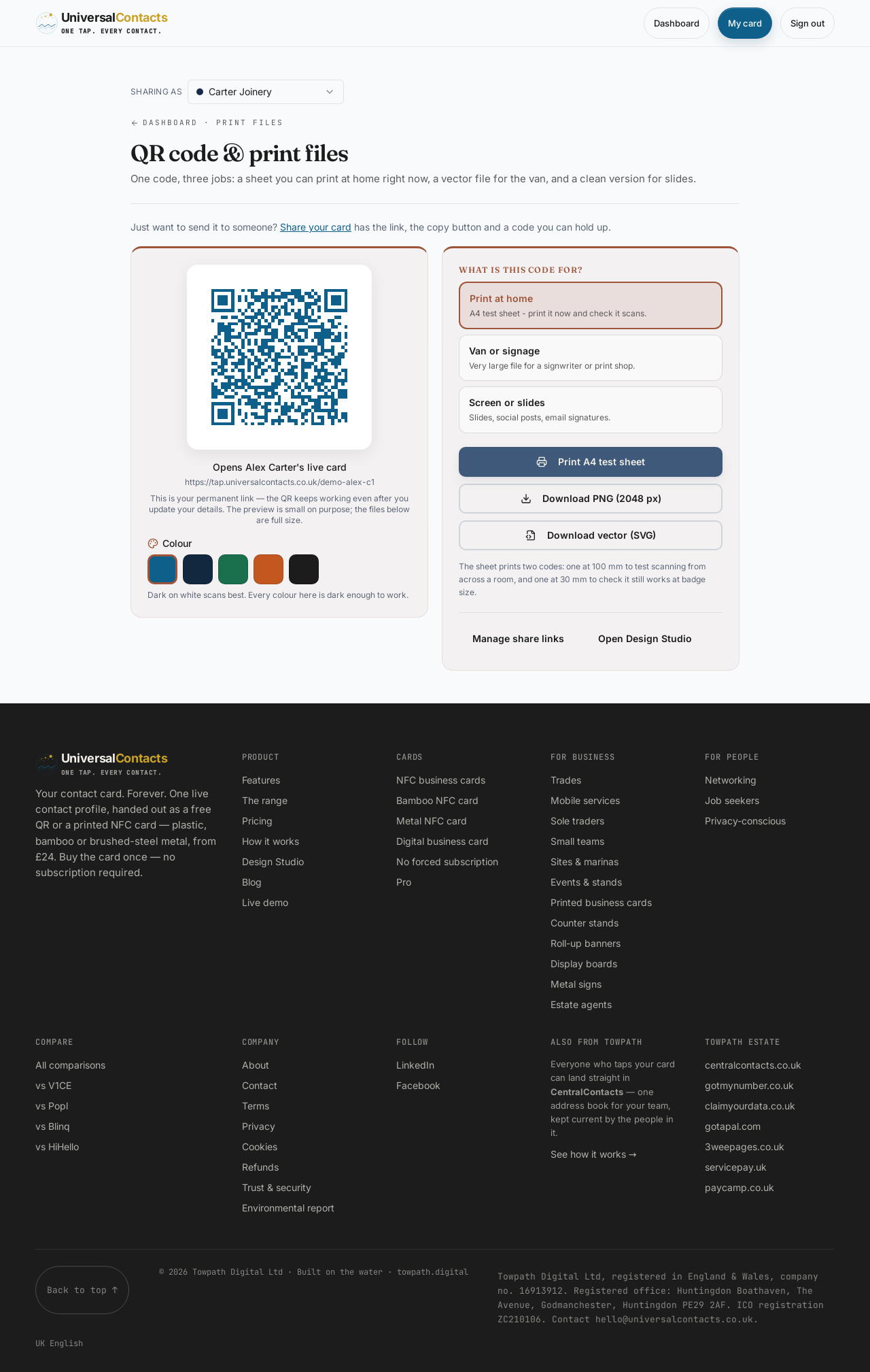 A card’s QR code and downloadable print files in the UniversalContacts dashboard.