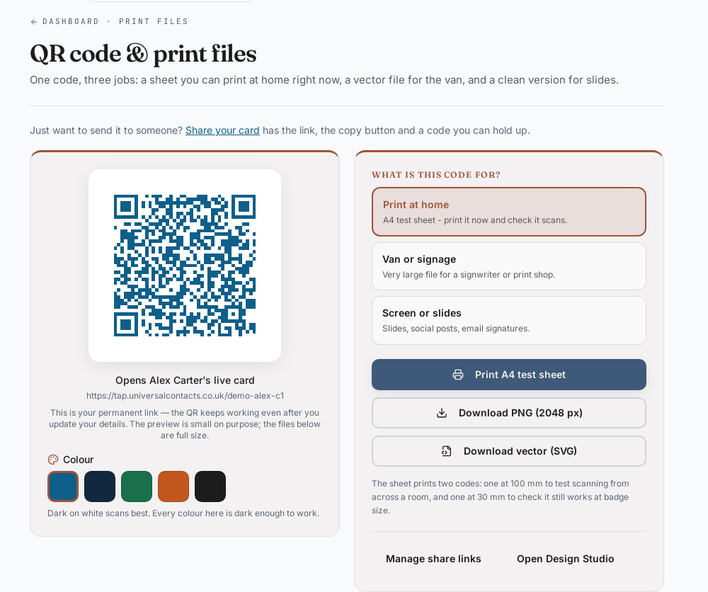A card’s QR code in the dashboard with its permanent tap link, a colour picker, and the three print outputs: an A4 test sheet, a 2048px PNG and a vector SVG.
