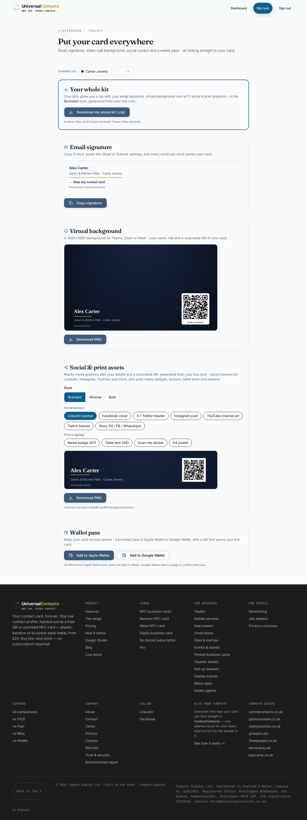The dashboard Toolkit generating a card’s email signature, social banners and 300 dpi print files from one live profile.