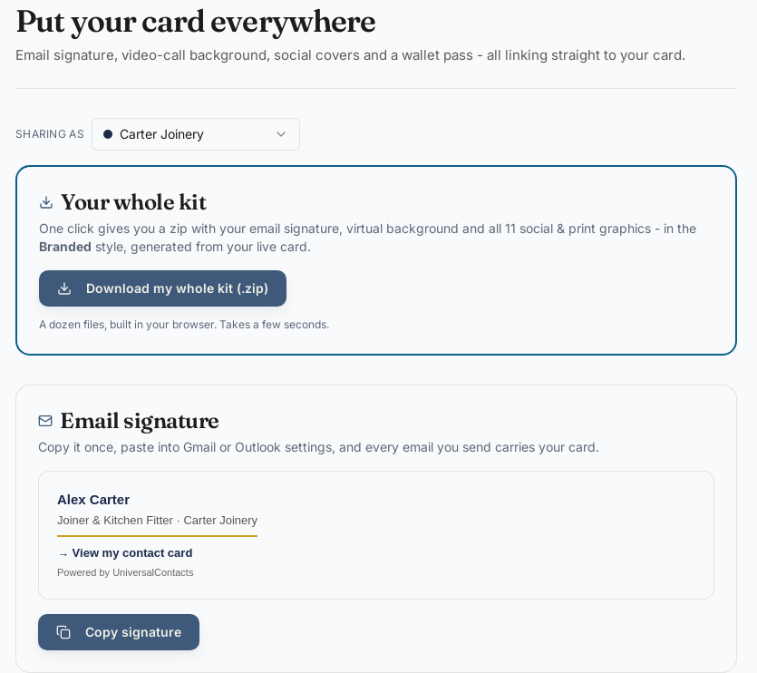 The dashboard Toolkit: a one-click download of the whole kit, and the email signature it generates from a live card.